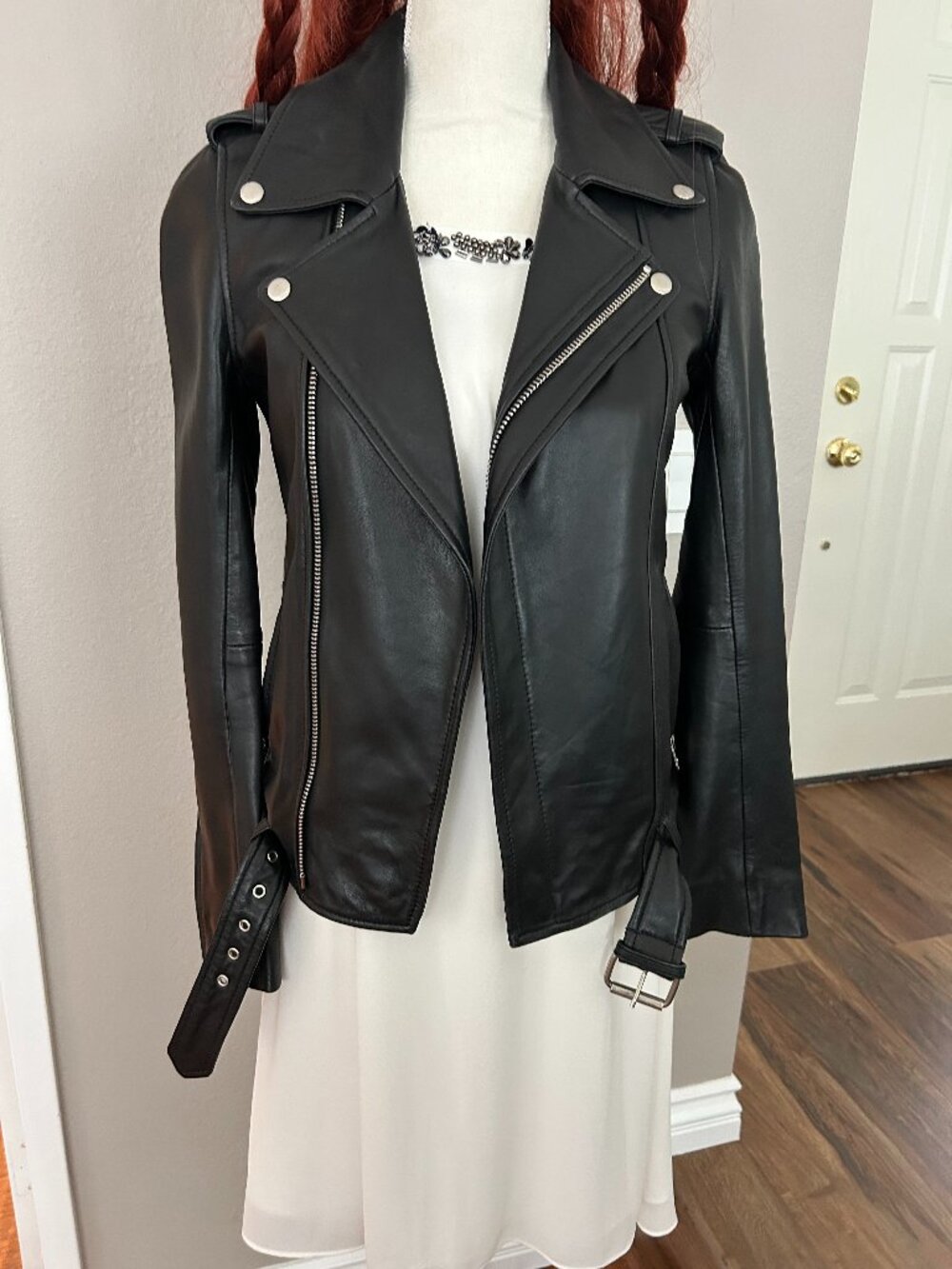 NWT MAJE BLACK LEATHER BIKER STYLE JACKET 100% SOFT LAMB LEATHER,SZ:38 EUROPE/S